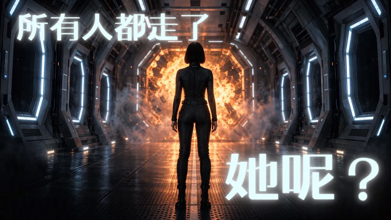 太空船走廊盡頭爆出火光，一名短髮女子背對鏡頭站在中央，畫面上寫著「所有人都走了」「她呢？」