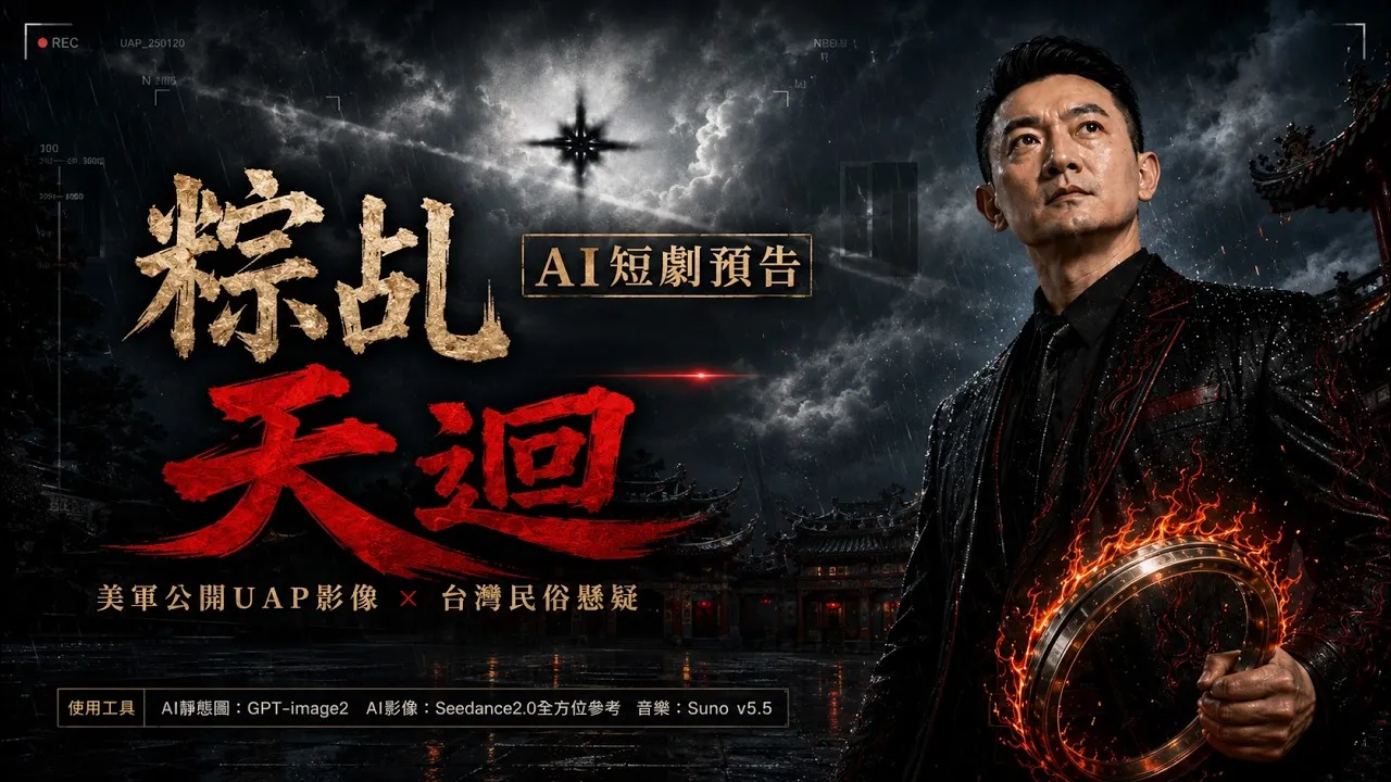 《粽乩：天迴》預告海報：雷雨夜的廟宇前，一名黑衣男子手持燃著火焰的金屬圓環，左側是書法片名與「AI短劇預告」字樣